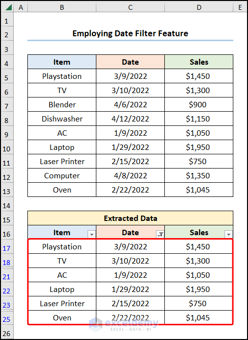 how to pull data from a date range in excel employing Date Filter Feature
