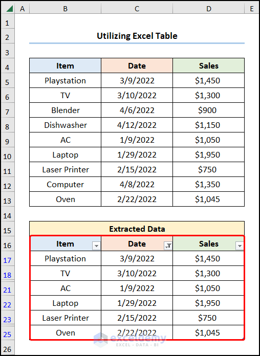 how to pull data from a date range in excel utilizing Excel Table