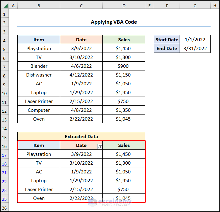 how to pull data from a date range in excel applying VBA Code