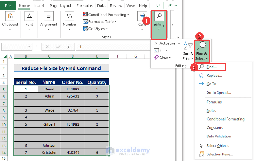Deleting Blank Rows by Find Command to Reduce Excel File Size