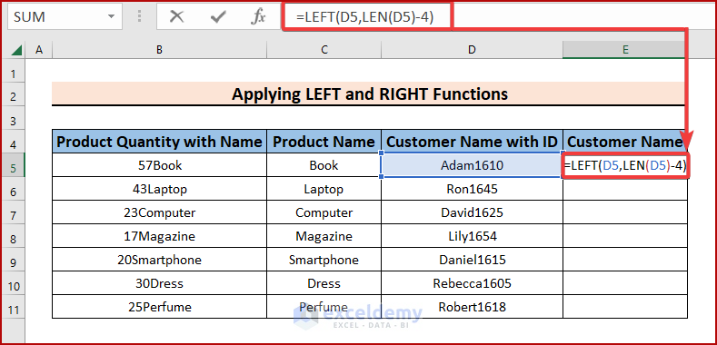 Entering a Formula to Remove Characters from Left and Right in Excel
