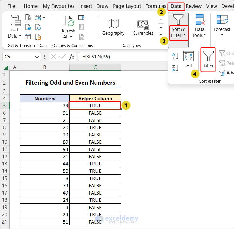 Filter Odd and Even Numbers in Excel