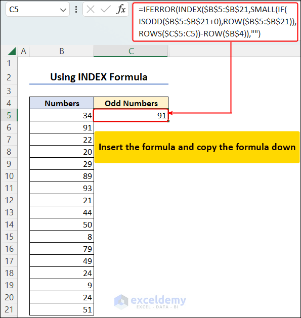 Use an INDEX Formula to Separate Odd and Even Numbers If FILTER Function Is Not Available