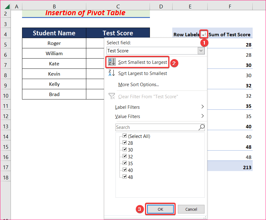 Insert Pivot Table to Sort Bar Chart in Descending Order in Excel 