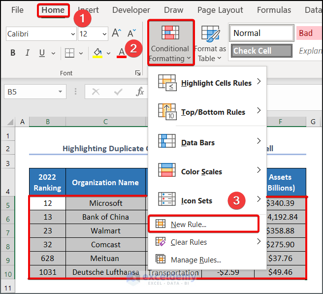 Select the new rules option under conditional formatting.