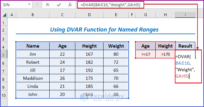 Using DVAR Function for Named Ranges in Excel
