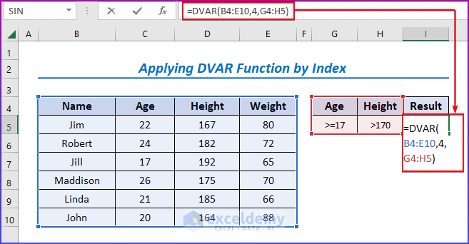 Applying DVAR Function by Index in Excel