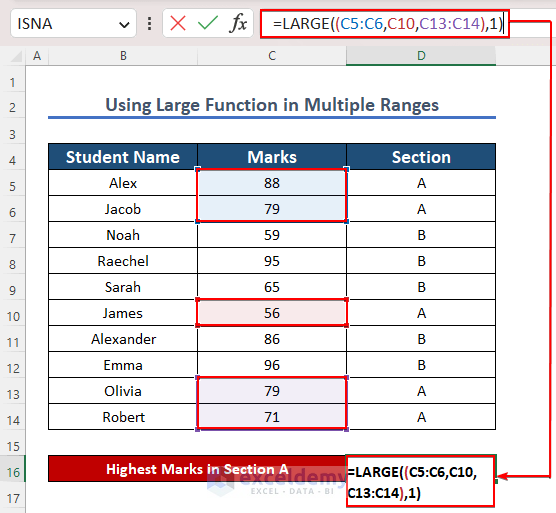 Applying formula to use excel LARGE function in multiple ranges