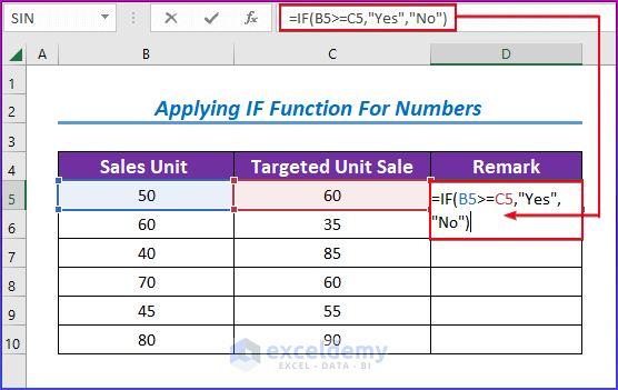 Showing Results for Applying Excel IF Function for Numbers with Yes or No Statement 
