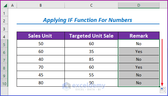 Showing Results for Applying Excel IF Function for Numbers with Yes or No Statement 
