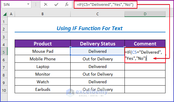 Using Excel IF Function for Text with Yes or No Statement 
