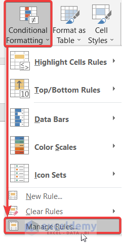 Selecting the Manage Rules Command from Conditional Formatting Group