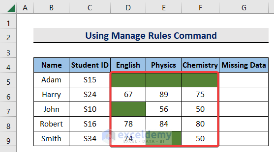 Using Manage Rules Command to Apply the ISBLANK Function for Conditional Formatting in Multiple Cells
