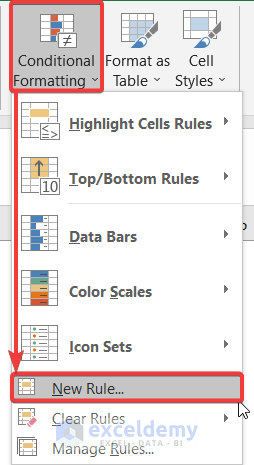 Selecting the New Rule Command from Conditional Formatting Group