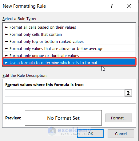 Selecting a Rule Type to Apply ISBLANK, NOT and AND Functions for Conditional Formatting