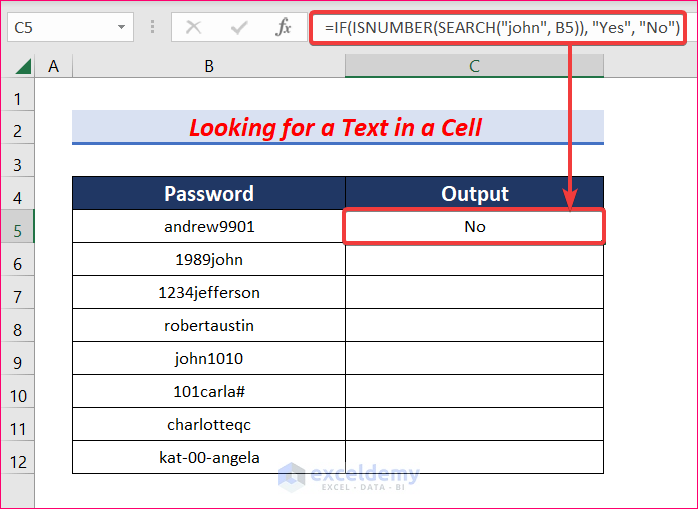 Use ISNUMBER Function with IF and Then Statements in Excel to Look for a Text in a Cell