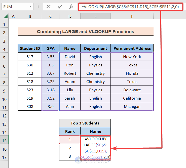 Entering the Formula Combining VLOOKUP and LARGE Functions