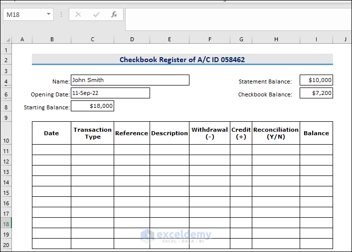 Columns Created for Checkbook Register with Reconciliation