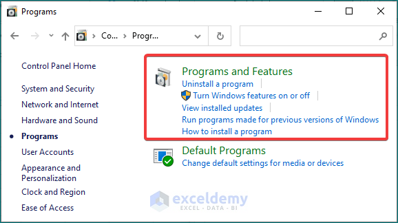 Clicking Programs and Features