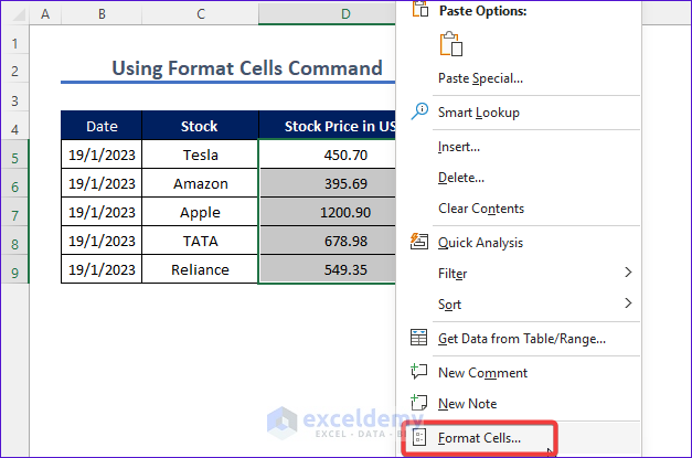 Selecting Format Cells 