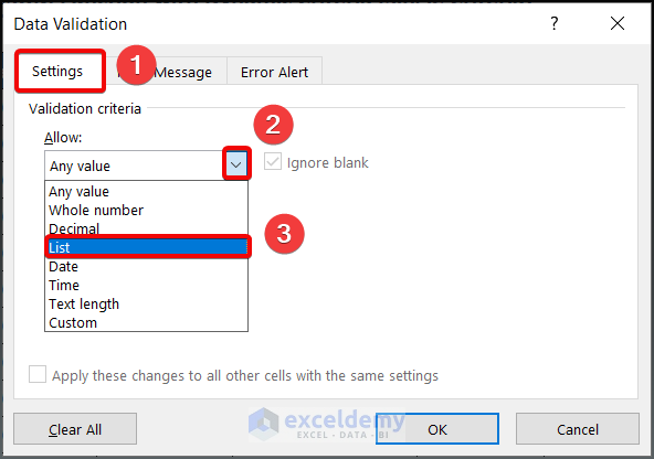 Select List on data validation feature dialogue box 