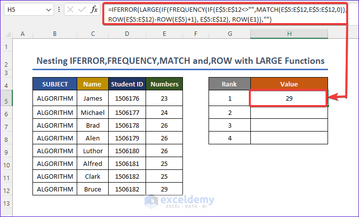 Nesting IFERROR, FREQUENCY, MATCH, and ROW with LARGE Function for finding largest value with duplicates