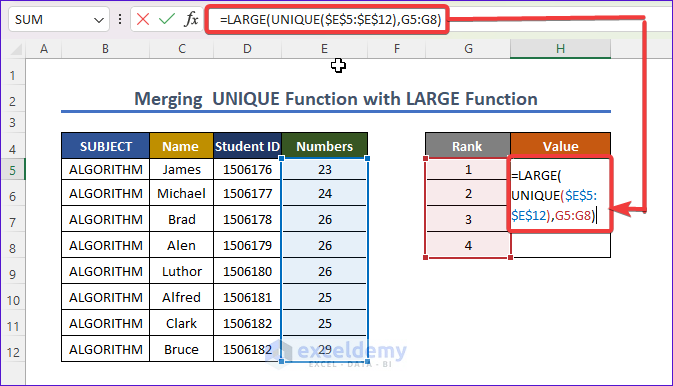 Merging UNIQUE function with LARGE function for finding largest values with duplicates