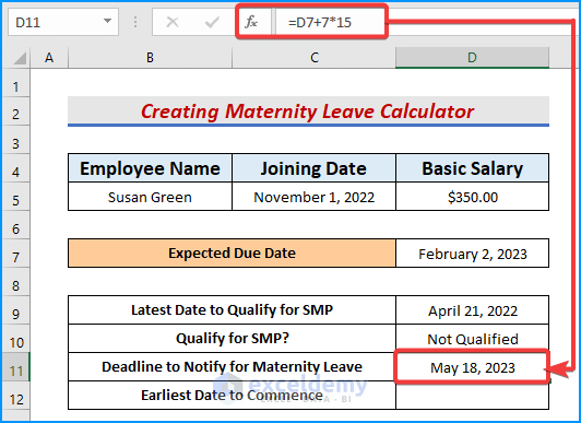 Joining Excel formula and IF function in D11 to create maternity leave calculator in Excel