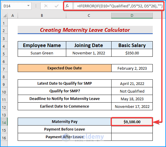 Joining IFERROR and IF functions to create maternity leave calculator in Excel