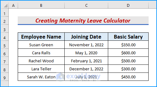 Introducing Dataset to Create Maternity Leave Calculator in Excel