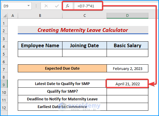 Joining Excel formula and IF function in D9 to create maternity leave calculator in Excel