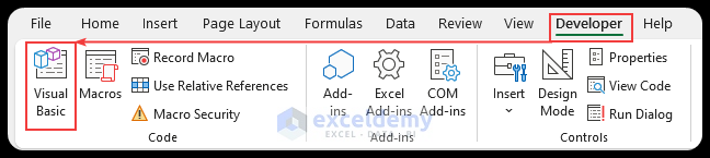 Developer tab of Excel