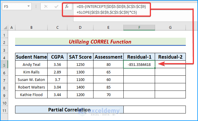 Utilize CORREL Function to Determine Partial Correlation in Excel
