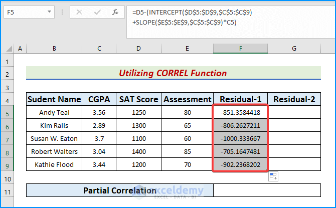 Utilize CORREL Function to Determine Partial Correlation in Excel