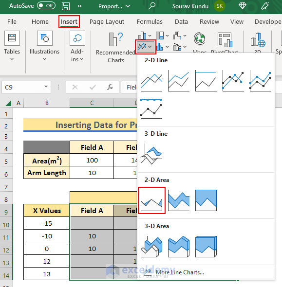 Inserting 2-D Excel Area Chart