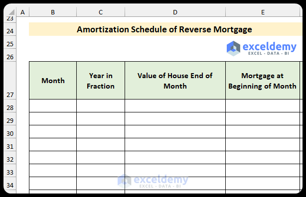 First part of the amortization schedule for reverse mortgage