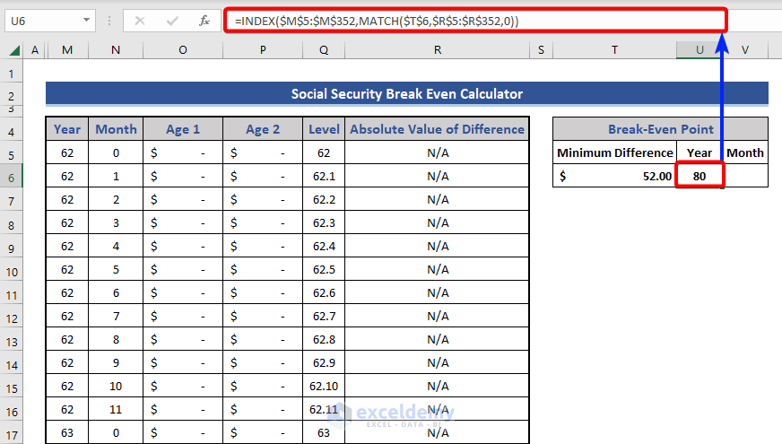 Apply INDEX-MATCH function in social security calculator