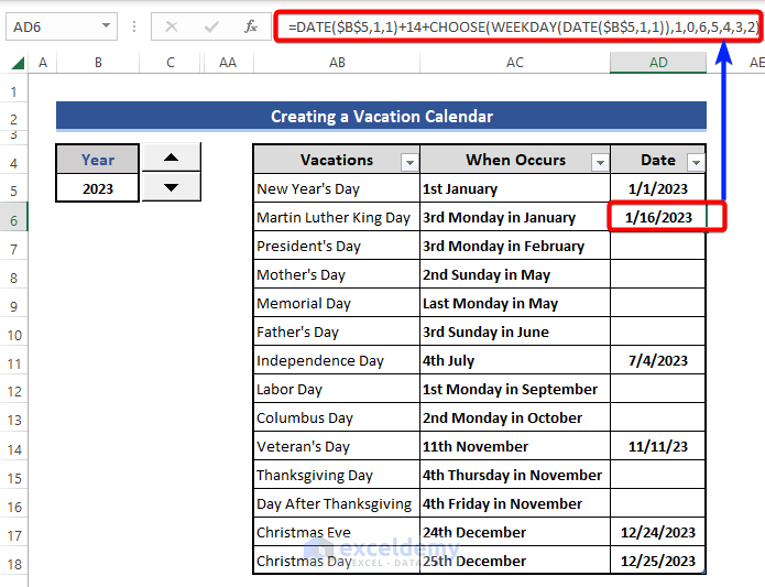 Formula for moving vacation dates