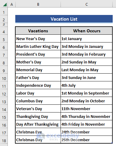 A list of vacation days in a year