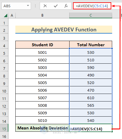 Inserting Formula for AVEDEV Function to Find Absolute Deviation in Excel