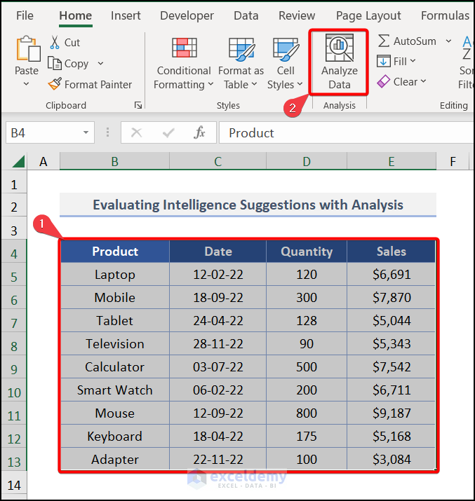 Evaluating Intelligence Suggestions with Analysis for artificial intelligence in Excel