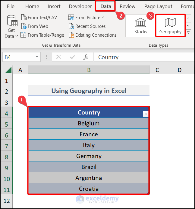 Using Geography in Excel for artificial intelligence in Excel