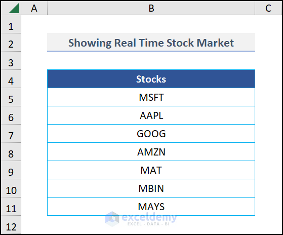 Showing Real-Time Stock Price for artificial intelligence in Excel