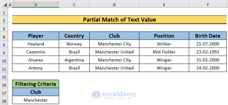 partially matching text value to show the use of auto filter and advanced filter in excel