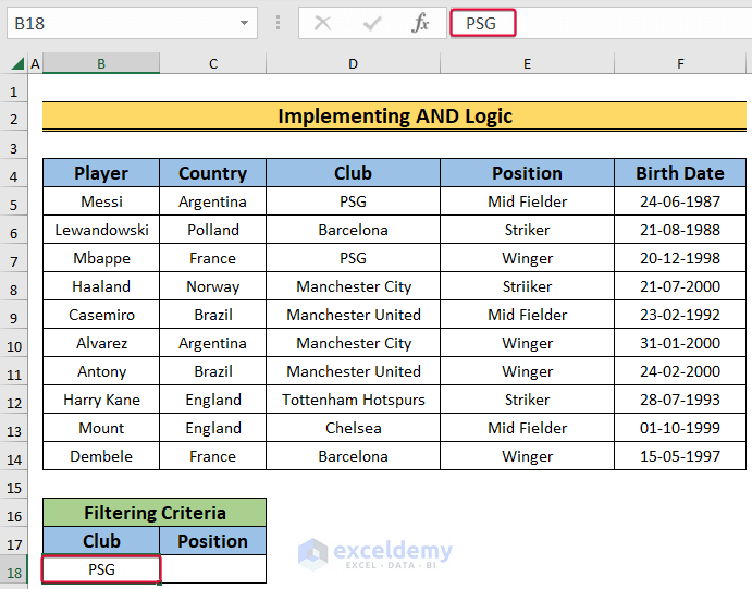 implementing and logic to show the use of auto filter and advanced filter in excel