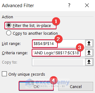 implementing and logic to show the use of auto filter and advanced filter in excel