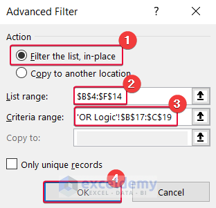 imposing or logic to show the use of auto filter and advanced filter in excel