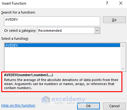 Syntax of Excel AVEDEV function