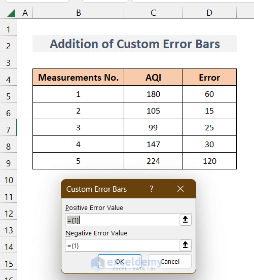 Specifying Custom Value for Error Bars in Excel Bar Chart