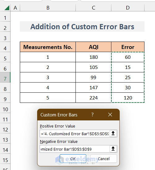 Specifying Custom Value for Error Bars in Excel Bar Chart